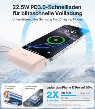 TORRAS Mini Powerbanka 5000mAh s kabelem, 22,5W USB-C Powerbanka Desert Titanium