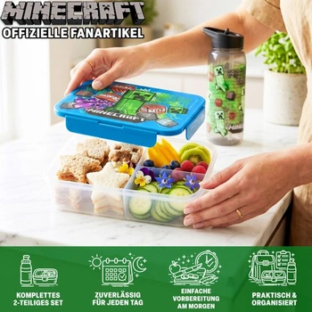 Trend Minecraft obedový box a sada fliaš na vodu 640 ml, 1,75 l desiatový box s priehradkami, vhodný