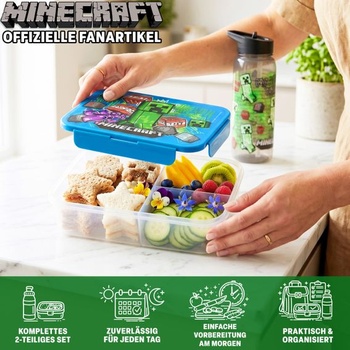 Trend Minecraft obědový box a sada lahví na vodu 640 ml, 1,75l svačinový box s přihrádkami, vhodný