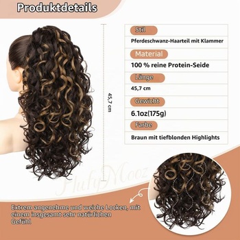 Flufymooz Predlžovanie copu, 46 cm Predlžovanie vlasov do copu, 100% čistý proteínový hodváb,