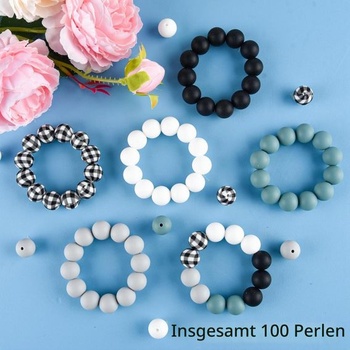 ASTARON 100 kusov 15 mm silikónové korálky na výrobu kľúčeniek, šedá, čierna, biela, okrúhle korálky na