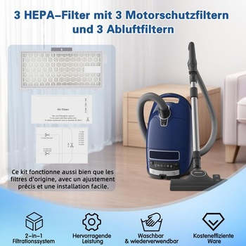 3 sady filtrov Airclean Plus 50 pre Miele Compact C1/C2 Complete C2/C3 HPea Air Clean Filter biely