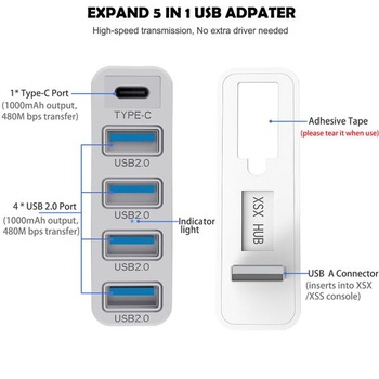 5portový USB Hub pre Xbox Series X/S, vysokorýchlostný rozbočovač USB Hub a rozširujúci adaptér pre