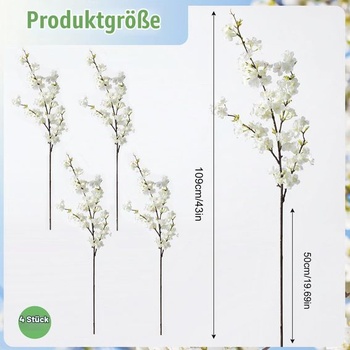4 umelé kvety čerešňového kvetu, 109 cm, umelé jarné kvety, umelé vetvičky čerešňového kvetu,