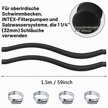 Bazénová hadica 32 mm, 2 kusy, bazénová hadica 32 mm, náhradná bazénová hadica so 4 kovovými