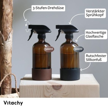 2 fľaštičky s rozprašovačom z jantárového skla, 500 ml, silikónová základňa, rozprašovač, sklenená