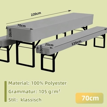 3dílná zahradní pivní sada, polštář z polyesterového materiálu (šedá, 220x70cm) Šedá 220 x 70 x 20