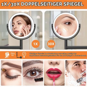 Osvetlené kozmetické zrkadlo Auxmir, nástenné kozmetické zrkadlo 1X/30X, čierne