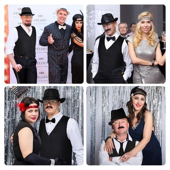 Pánsky kostým WILDPARTY z 20. rokov, vesta s doplnkami, skladacie barle, vreckové hodinky, fúzy, fedora,