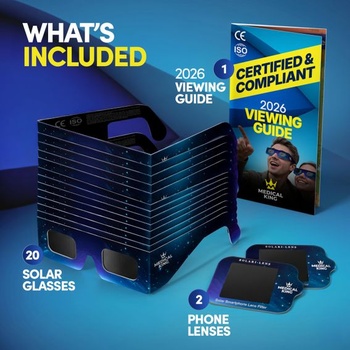 Okuliare Eclipse Solar 2026 – prémiové páry z 12. 2. 2020 s 2 solárnymi filtrami pre smartfón,
