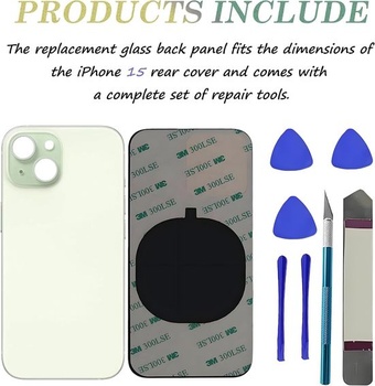 Náhradný zadný kryt Alovexiong pre iPhone 15 s predlepeným lepidlom + sada na opravu (zelená)