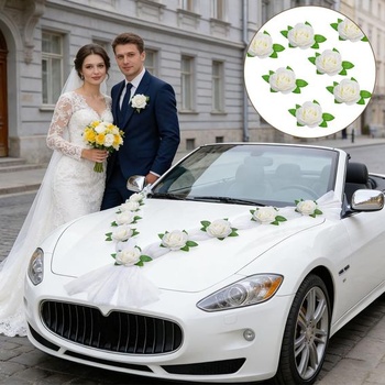 Biele svadobné dekorácie na auto, organzová dekorácia na auto pre nevestu, sada dekorácií na svadobné