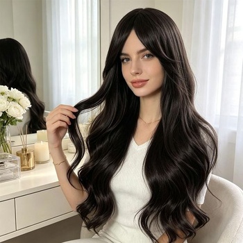 Parochňa Aomig pre ženy, dlhá vlnitá, čierna s ofinou, 60 cm, čierna s 1 sieťkou na vlasy