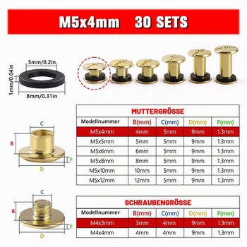 YIXISI Sada 30 skrutiek M5x4mm pre väzbu Chicago, skrutky pre väzbu Chicago, kožené nity, pre koženú