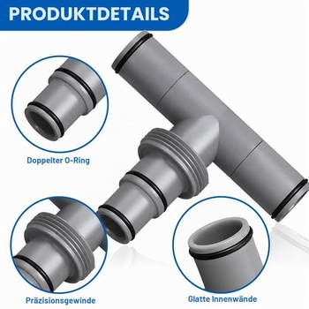 T-kus pre hadicové spojky Ø38/32 mm, spojka bazénovej hadice 38 mm na 32 mm - tvar T s tesniacimi