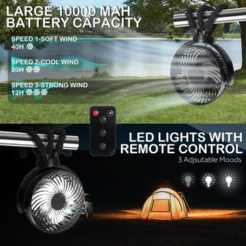 Hianjoo LED ventilátor s batériou 10000mAh - 360 ° otočný malý stolný ventilátor pre kempovanie,