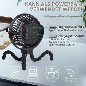 Hianjoo LED ventilátor s batériou 10000mAh - 360 ° otočný malý stolný ventilátor pre kempovanie,