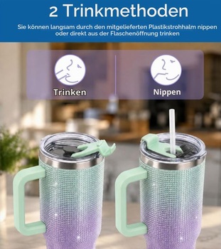 WATERSY 1182ml termohrnek s drahokamy a třpytkami, termohrnek z nerezové oceli s rukojetí a brčkem,