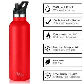 Fľaša na vodu Milu z nerezovej ocele 350ml 500ml 750ml 1000ml (+3 viečka) - termoska so slamkou,