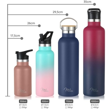 Láhev na vodu Milu z nerezové oceli 350ml 500ml 750ml 1000ml (+3 víčka) - termoska s brčkem,