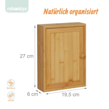 Kľúčová schránka Relaxdays, bambus, 8 háčikov, design B, prírodné hladké dvere