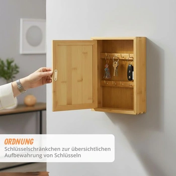 Kľúčová schránka Relaxdays, bambus, 8 háčikov, design B, prírodné hladké dvere