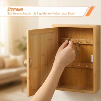 Kľúčová schránka Relaxdays, bambus, 8 háčikov, design B, prírodné hladké dvere