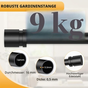 16mm výsuvná tyč na záclony 63-183 cm, čierna tyč na záclony 67-187 cm