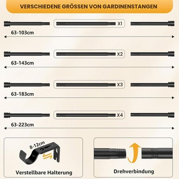 16mm výsuvná tyč na záclony 63-183 cm, čierna tyč na záclony 67-187 cm