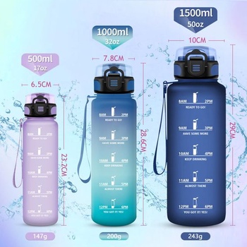 Fľaša na vodu Vikaster Sport, 500ml/1000ml/1500ml, bez BPA, nepriepustná, vhodná pre sýtené nápoje,