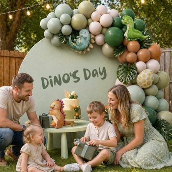 Bielo-zelené narodeninové dekorácie s dinosaurami, 87 balónikov s dinosaurami, pieskovo biela