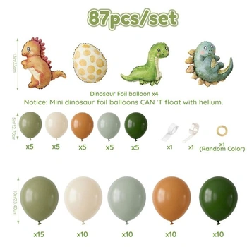 Bílo-zelené narozeninové dekorace s dinosaury, 87 balónků s dinosaury, pískově bílá