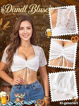 Dámska biela dirndl blúzka, čipka, krátky rukáv, sťahovacia šnúrka, výstrih do V, sexy a pohodlná,