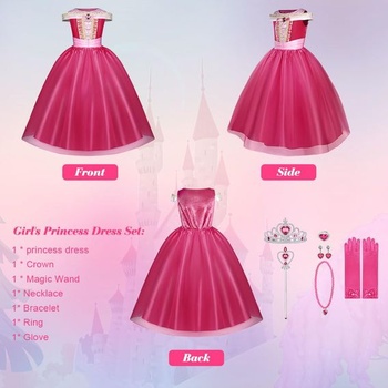 Kostým Šípkové Ruženky pre dievčatá, 7dielne princeznovské šaty s korunou, šperkami, rukavicami, paličkou,
