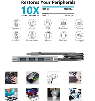 Rozbočovač USB 3.0, ultratenký 5portový adaptér USB-A, víceportový rozbočovač s napájecím zdrojem