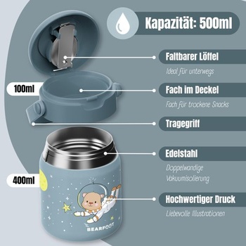 Detská termoska BEARFOOT z nerezovej ocele 500ml (Astro Bear - modrá) Astro Bear - modrá 500ml