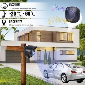 Zvonek s detektorem pohybu, alarm v průchodu s 38 vyzváněcími tóny, alarm na příjezdové cestě,