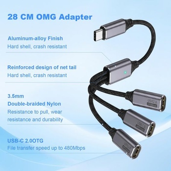 HENGBIRD USB C rozbočovač 1 až 3 výstupy, rozbočovač USB-C, predlžovací kábel typu C samec na 3
