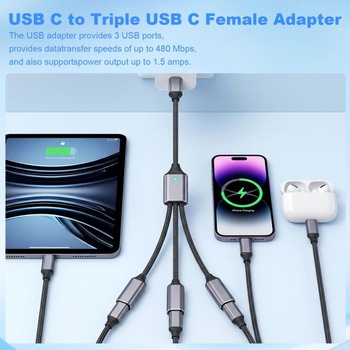 HENGBIRD USB C rozbočovač 1 až 3 výstupy, rozbočovač USB-C, predlžovací kábel typu C samec na 3