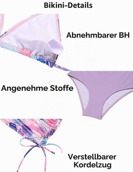 Dievčenská bikinová sada Arshiner, 3dielna, s ramienkami a sukňou, 7-15 rokov, 13-14 rokov, fialová s palmovými