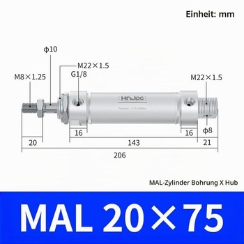 Mini pneumatický válec MAL, vrtání 20 mm, zdvih 75 mm s magnetem, dvojčinný, kompaktní kulaté tělo,