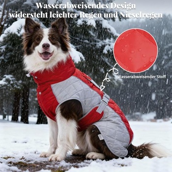 Psí kabát s větruodolnými a nepromokavými prvky, zesílený límec pro ochranu před větrem,