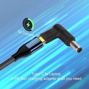 Nabíjací adaptér USB-C samica na 6,0 mm x 3,7 mm samec, uhlový závit 90 stupňov, rýchle nabíjanie PD