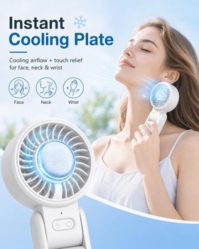 Ruční ventilátor s chladicí deskou, skládací mini ventilátor s karabinou, přenosný ventilátor se 4