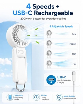 Ruční ventilátor s chladicí deskou, skládací mini ventilátor s karabinou, přenosný ventilátor se 4
