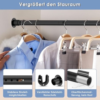 Čierna šatníková tyč, výsuvná šatníková tyč 74-130 cm, 1 sada teleskopické šatníkové tyče do šatníkovej skrine v
