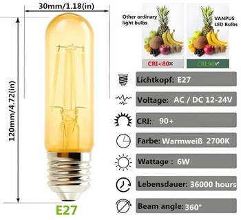6W T30 E27 LED žiarovka 12V-24V jantárová, nízke napätie