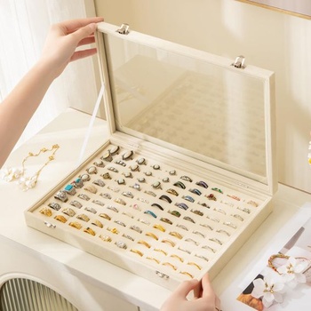 Organizér na prstene Frebeauty so 100 priehradkami, zamatová krabička na prstene s vekom, béžová