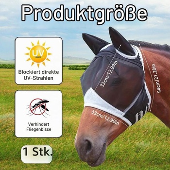 Čierna maska ​​proti muchám pre kone, UV ochrana, veľká maska ​​proti hmyzu s ušami, zapínanie na