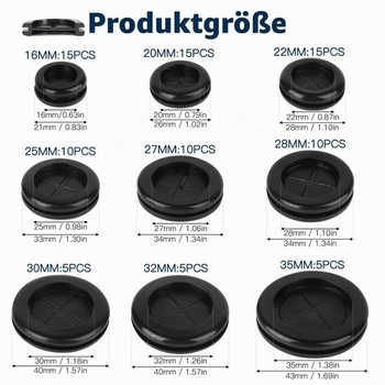 90 pryžových průchodek, 9 velikostí, pryžové kabelové vstupní průchodky: 35 mm, 32 mm, 30 mm, 28
